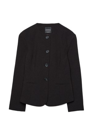 Črni dolg rokav srajčni jopič z okroglim izrezom, štirimi gumbi spredaj ter dvema vodoravnima žeparskima žepoma na pasu.