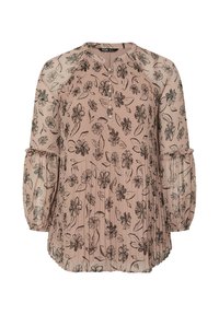 Bluse med lange ærmer i lyserød med sorte blomstermønstre, plisseret tekstur og elastiske manchetter. Rund halsudskæring med knapdetalje.