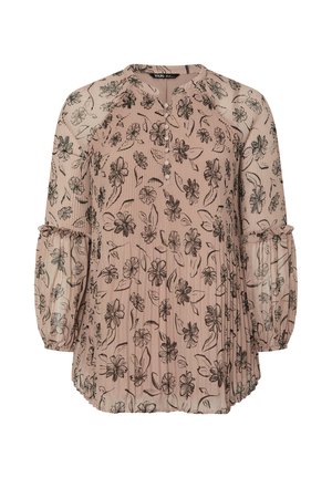 Bluse med lange ærmer i lyserød med sorte blomstermønstre, plisseret tekstur og elastiske manchetter. Rund halsudskæring med knapdetalje.