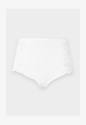 Sous-vêtement blanc taille haute pour femmes avec panneaux floraux en dentelle sur les deux côtés, fabriqué en tissu lisse et extensible.