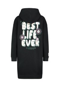 Schwarzes Hoodie-Kleid mit einem großen Grafikdesign auf der Rückseite. Die Grafik zeigt den Text "BEST LIFE EVER" in Weiß, umgeben von floralen Motiven.