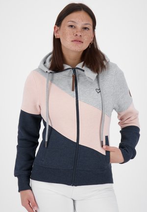 Felpa con cappuccio e zip, disponibile nei colori grigio, rosa e blu navy. Presenta blocchi di colore diagonali, cordini regolabili e tasche frontali.