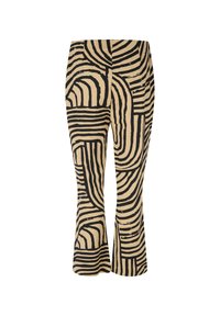 Pantalons évasés en tissu beige avec de vives lignes ondulées noires et des motifs géométriques, créant un contraste visuel saisissant.