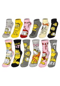 Calzini assortiti a tema Garfield in vari colori e modelli. I materiali includono miscele di cotone; i design presentano grafiche di cartoni animati e testi.