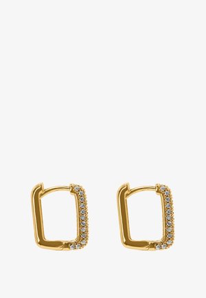 Boucles d'oreilles en or en forme de carré avec une rangée de pierres claires le long d'un bord, finition lisse et design ouvert pour un port facile.
