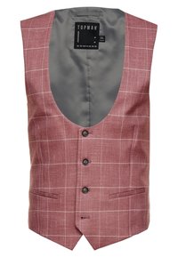 Gilet de couleur vin en tissu texturé, avec une doublure en satin gris, quatre boutons, un décolleté en V profond et un motif à carreaux blancs.