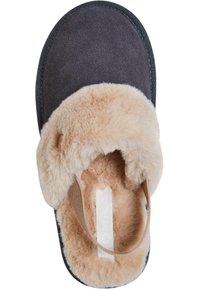 Harmaa mikrovuorattu tossu, jossa on pehmeä beige karvavuori. Avoin varvasdesign sisältää ylellisen hihnan ja beigen sisäpohjan, jossa on brändilogo.