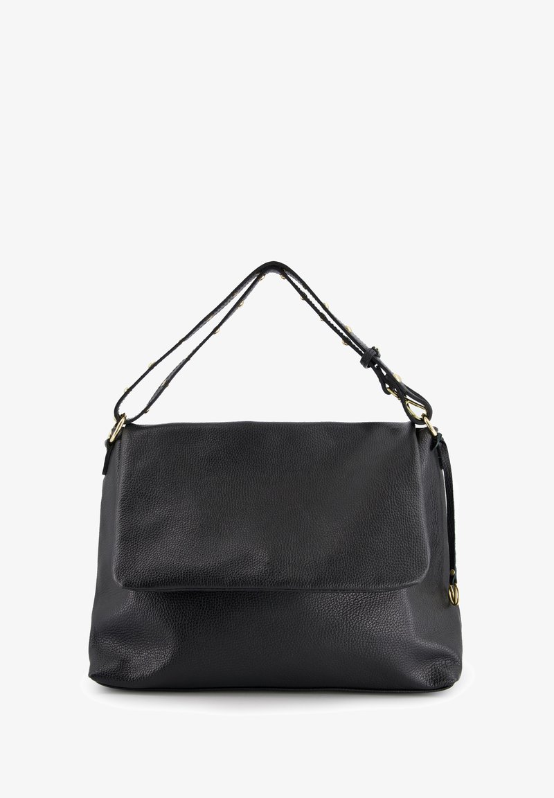 Black leather shoulder bag with a textured finish, featuring a flat front flap and a dual-cord strap with gold accents.