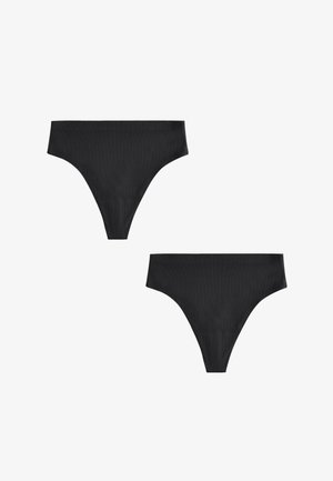 Zwei schwarze nahtlose Damen-Tangas, vorne und hinten auf weißem Hintergrund gezeigt.