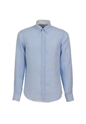 Light blue, long-sleeve button-up shirt made of linen with a collar, featuring a small embroidered logo and white buttons on the front.