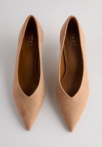 Alasti beežid seemisnahast kõrged kontsakingad terava nina ja V-kujuga lõikega, millel on sile tekstuur ja beež sisemuse vooder. Kaubamärgi nimi on sees nähtav.