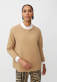 Beiger Pullover mit Rundhalsausschnitt, geripptem Saum und langen Ärmeln, getragen über einem weißen Hemd mit Kragen und schwarz-beigen gestreiften Hosen.