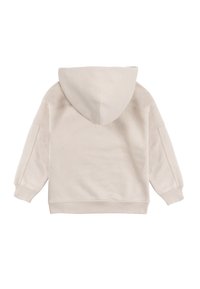 Felpa beige chiaro realizzata in tessuto morbido, con cappuccio, maniche lunghe, polsini a coste e un design dalla vestibilità comoda senza motivi visibili.