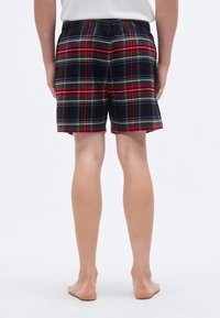 Καρό σορ τς με μαύρο, κόκκινο και πράσινο σχέδιο, με ελαστική μέση και μήκος μέχρι το γόνατο. Φοράται ξυπόλητος, φαίνεται από πίσω.