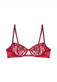 Czerwony stanik z półprzezroczystymi miseczkami z koronką i haftem kwiatowym, satynowym pasem podtrzymującym, regulowanymi ramiączkami i usztywnioną konstrukcją. Bez wypełnienia.