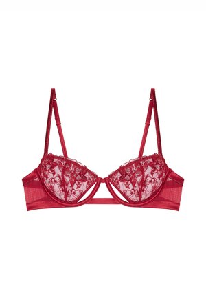 Reggiseno rosso con coppe in pizzo trasparente e ricami floreali, fascia in satin, spalline regolabili e design strutturato. Senza imbottitura.