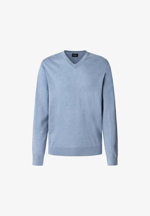 Lichtblauwe v-hals trui gemaakt van zachte gebreide stof, met lange mouwen en ribgebreide randen. Minimalistisch ontwerp zonder zichtbare patronen.