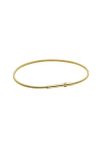 Bracciale rigido in tono oro con un design elegante e flessibile; presenta una forma liscia e arrotondata e un meccanismo di chiusura sicuro.