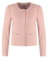 Ljusrosa blazer med långa ärmar, slät tyg, rundad halsringning, två fickor med dragkedja och en figurnära silhuett. Inga knappar eller dekorationer.