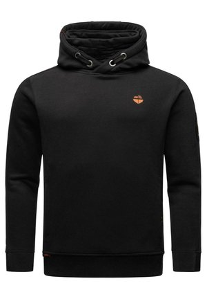 Black sweatshirt with a high neck, drawstring, and a small orange logo on the chest. Features ribbed cuffs and hem, made of soft fabric.