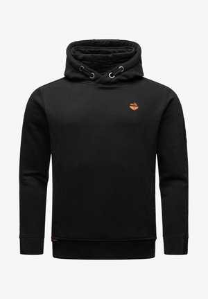 Black sweatshirt with a high neck, drawstring, and a small orange logo on the chest. Features ribbed cuffs and hem, made of soft fabric.