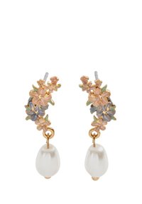 Gold-tone earrings featuring colorful floral accents with light pink and blue petals. Each earring has a white pearl drop.