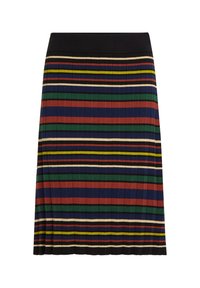 Gestreepte plissé rok met verticale lijnen in groen, blauw, rood, geel en wit, met een zwarte tailleband en een gestructureerde stof.