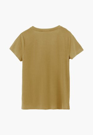 Maglietta verde oliva semplice a maniche corte distesa, che mostra il retro con scollo rotondo e dettagli di orlo semplice.