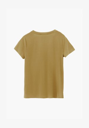 Maglietta verde oliva semplice a maniche corte distesa, che mostra il retro con scollo rotondo e dettagli di orlo semplice.