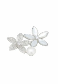 Silver floral brooch featuring three flowers with pearl and gemstone accents. Petals have a mix of smooth and textured surfaces.