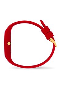 Orologio in silicone rosso con quadrante rettangolare, hardware dorato e cinturino regolabile. Texture liscia con design moderno.