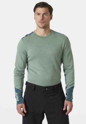 Lange mouw shirt in lichtgroen, met een textuurstof, ronde halslijn en contrasterende donkerblauwe mouwen met witte strepen.