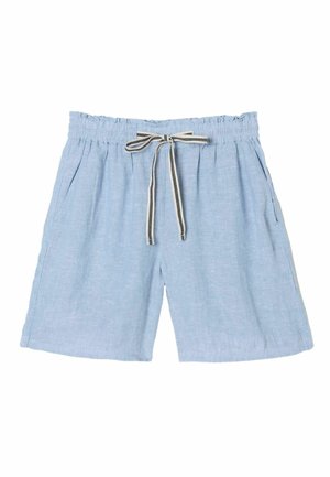 Gaiši zili linu šorti ar elastīgu jostu un melnas un baltas svītrainas auklas, ar sānu kabatām.