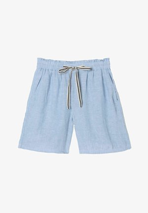 Gaiši zili linu šorti ar elastīgu jostu un melnas un baltas svītrainas auklas, ar sānu kabatām.