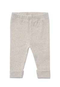 Light gray, soft fabric leggings with a ribbed texture, featuring a stretchy waistband and folded cuffs at the ankles.