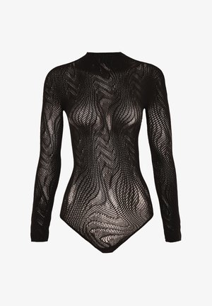 Sort langærmet bodysuit med et struktureret bølgemønster. Har en høj krave og en tætsiddende silhuet. Fremstillet af et gennemsigtigt, strækbart materiale.