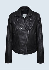 Czarna skórzana kurtka motocyklowa o krótkim kroju, z asymetrycznym zamkiem błyskawicznym, metalowymi zatrzaskami i teksturowanym wykończeniem. Klasyczny design z bocznymi kieszeniami.
