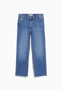 Světlé modré džíny z denimu s rovným střihem nohavic, čtyřmi kapsami, zapínáním na knoflík a neupraveným lemem u kotníků.