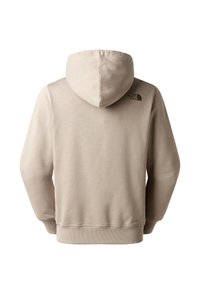 Sweat à capuche beige avec une capuche doublée, des poignets et un ourlet côtelés. Présente un petit logo noir sur le haut du dos. Tissu doux avec une texture lisse.