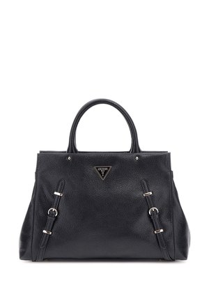 Black textured leather handbag with double handles, silver buckle straps on front, and triangular Guess logo at center.