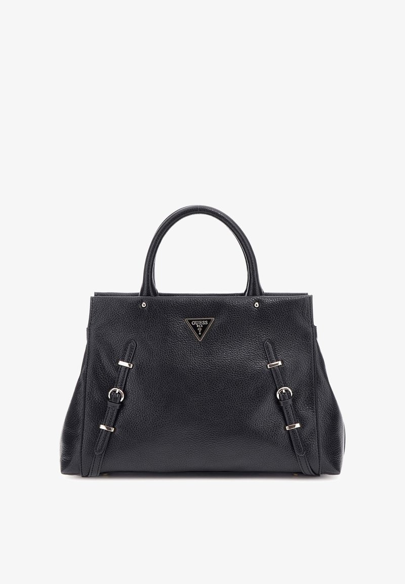Sac à main en cuir noir texturé avec double anses, brides à boucle argentée sur le devant et logo triangulaire Guess au centre.