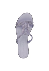 Light purple sandal with a smooth texture, featuring two intertwined straps adorned with shiny rhinestones and a flat sole.