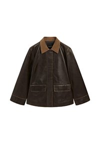 Giacca di pelle marrone con colletto in corduroy beige, due tasche frontali e dettagli di cucitura in vista. Fit rilassato con maniche lunghe.