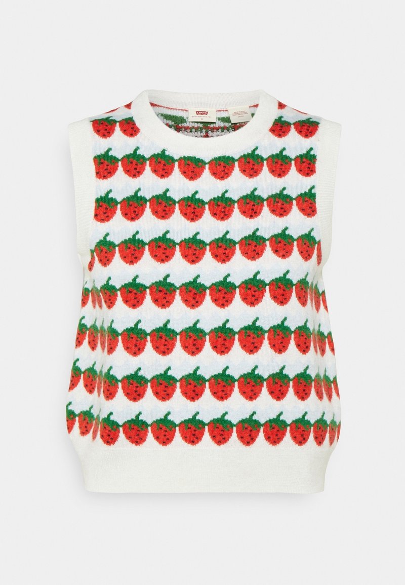 Vit ärmlös stickad topp med upprepat mönster av röda jordgubbar och gröna blad, rund halsringning och ribbad nederkant.
