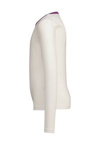 Camicia a maniche lunghe in tessuto avorio con colletto rotondo viola. Presenta una texture liscia e una linea aderente. Senza fantasie né accenti.