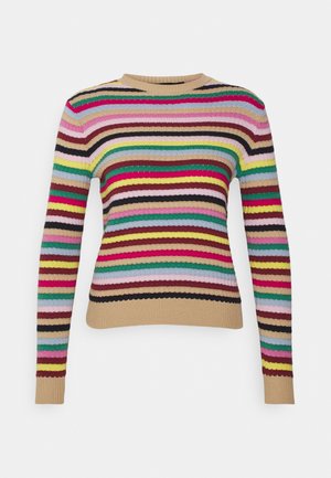 Pull en tricot côtelé à manches longues, base beige avec des rayures horizontales multicolores en rouge, vert, jaune, rose, noir et bleu.