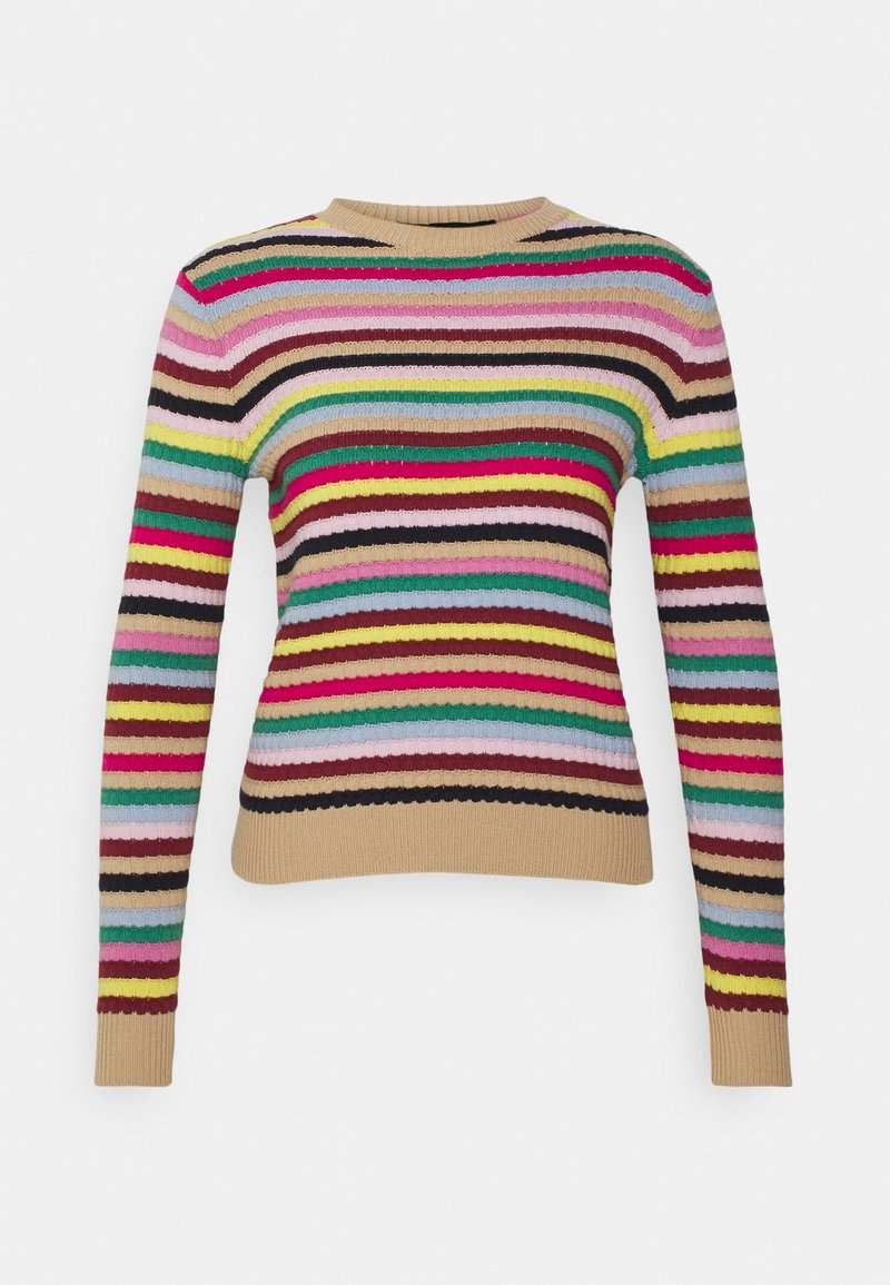 Pull en tricot côtelé à manches longues, base beige avec des rayures horizontales multicolores en rouge, vert, jaune, rose, noir et bleu.