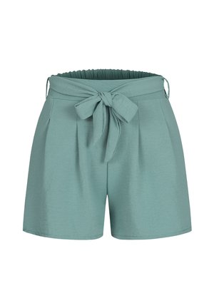 Vysoko pásové šalviovo zelené šortky s látkovým opaskom zviazaným na mašľu vpredu a s elastickým pásom vzadu.