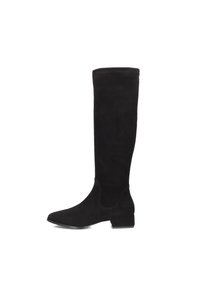 Zwarte suède kniehoge laarzen met een puntige neus, platte hak en naadloos ontwerp, voorzien van een zachte afwerking en minimalistische stijl.