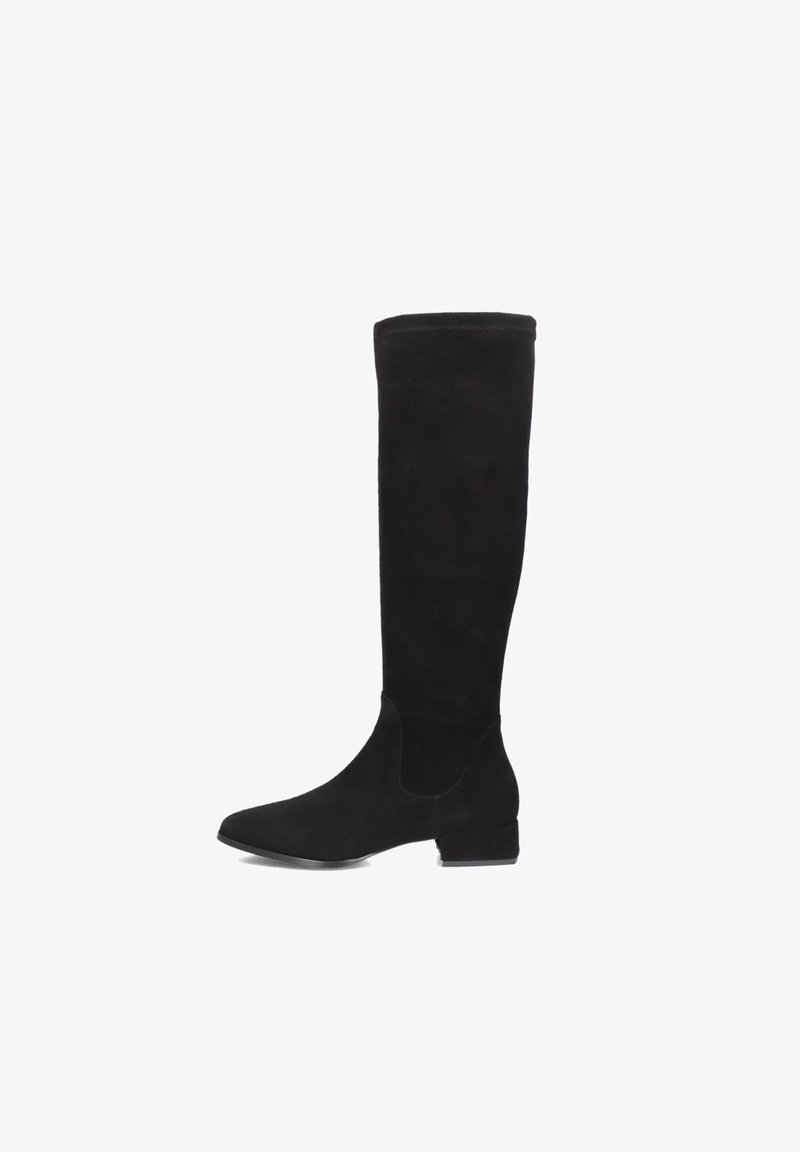 Schwarze Wildleder-Stiefel bis zum Knie mit spitzer Schuhspitze, flachem Absatz und nahtlosem Design, das mit einer weichen Oberfläche und minimalistischem Stil ausgestattet ist.